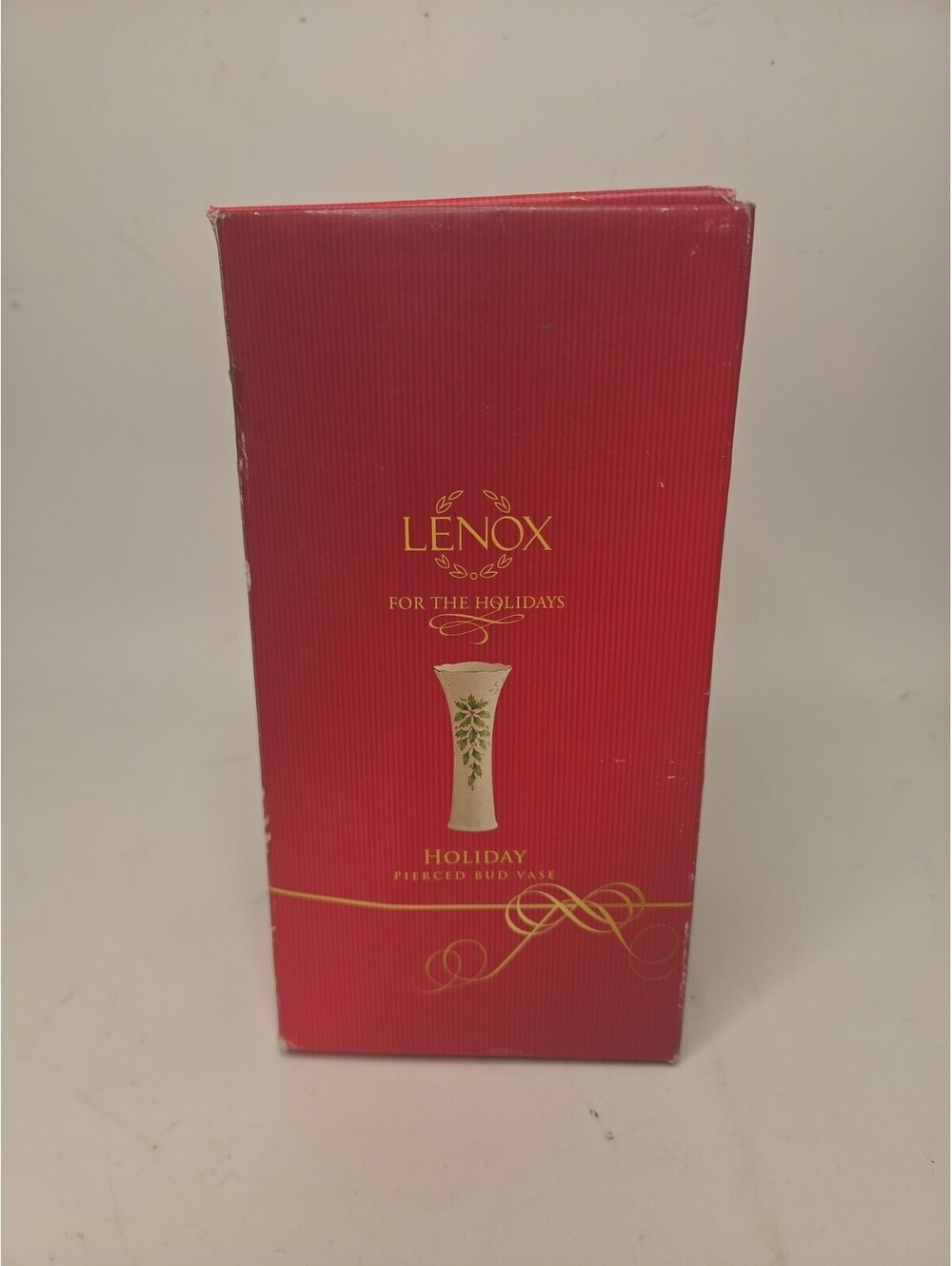 Lenox Dimension Collection Holiday Pierced Holly Berry Gold Trim Bud Vase 8.5"